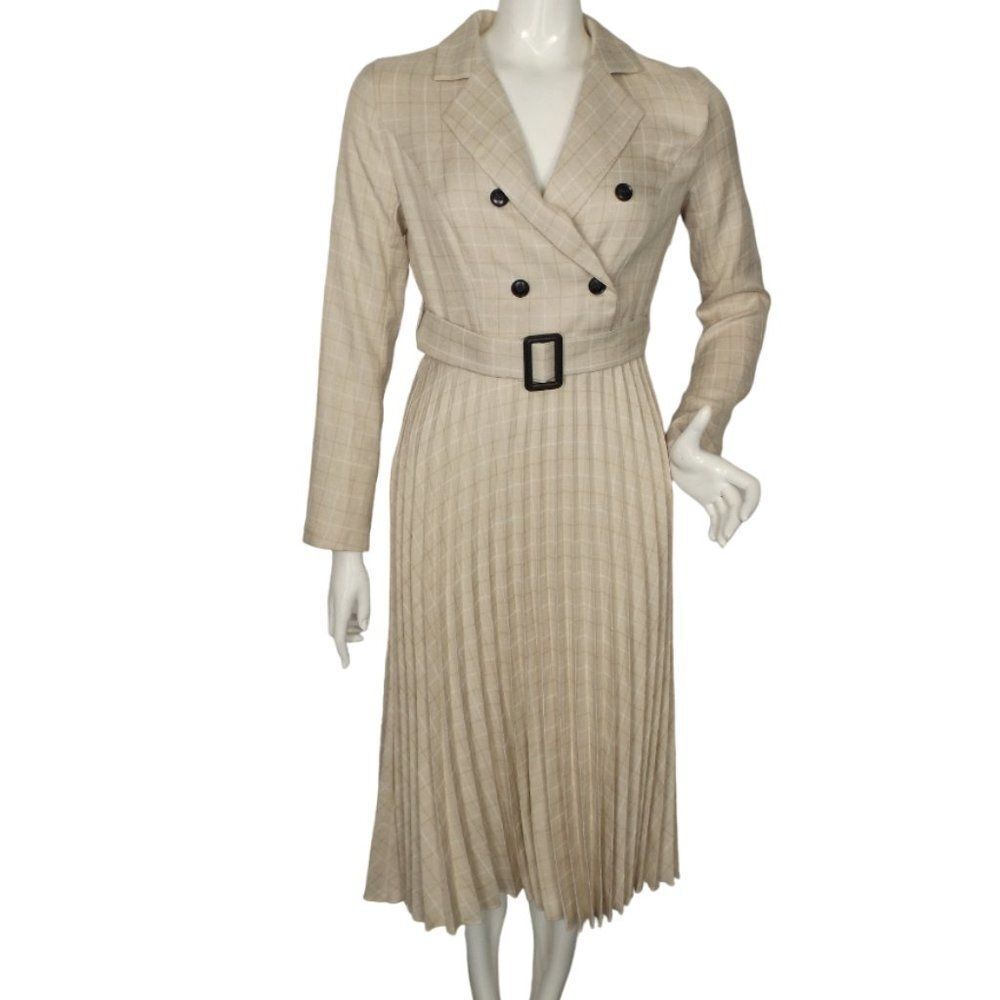 SIMPLEE Dress, S, Beige/Tan Plaid, Pleated Skirt, Double breasted Upper, Belt